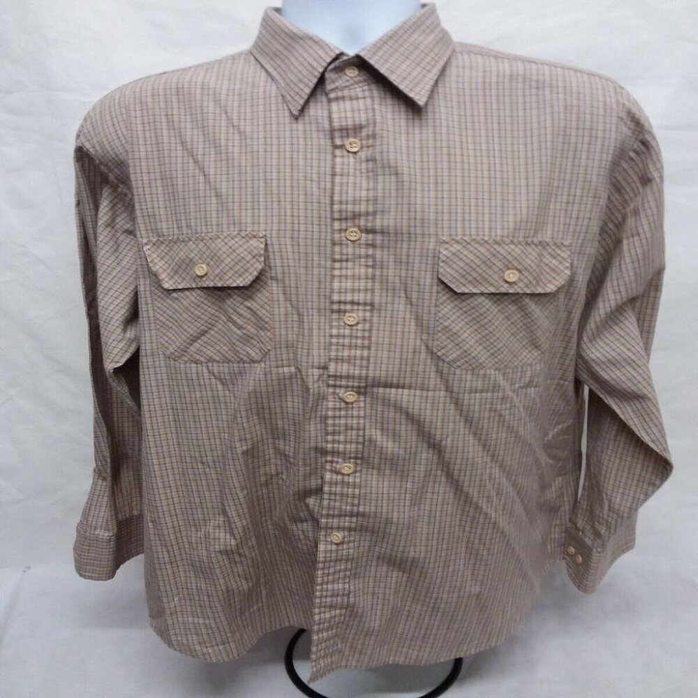 Men's Large Kingsport Long Sleeve Brown Plaid Casual Button Down Shirt